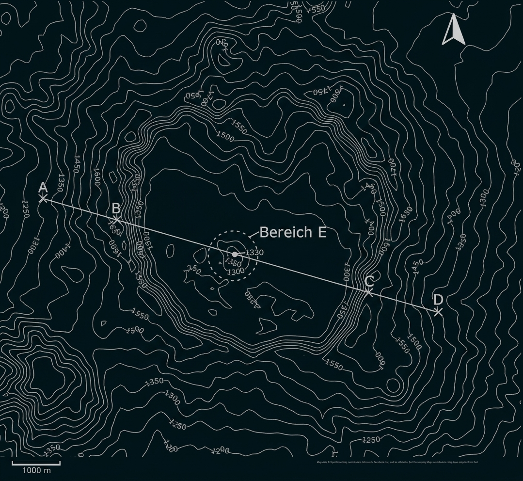 Topografische Karte mit Höhenlinien und markierten Punkten A bis E.